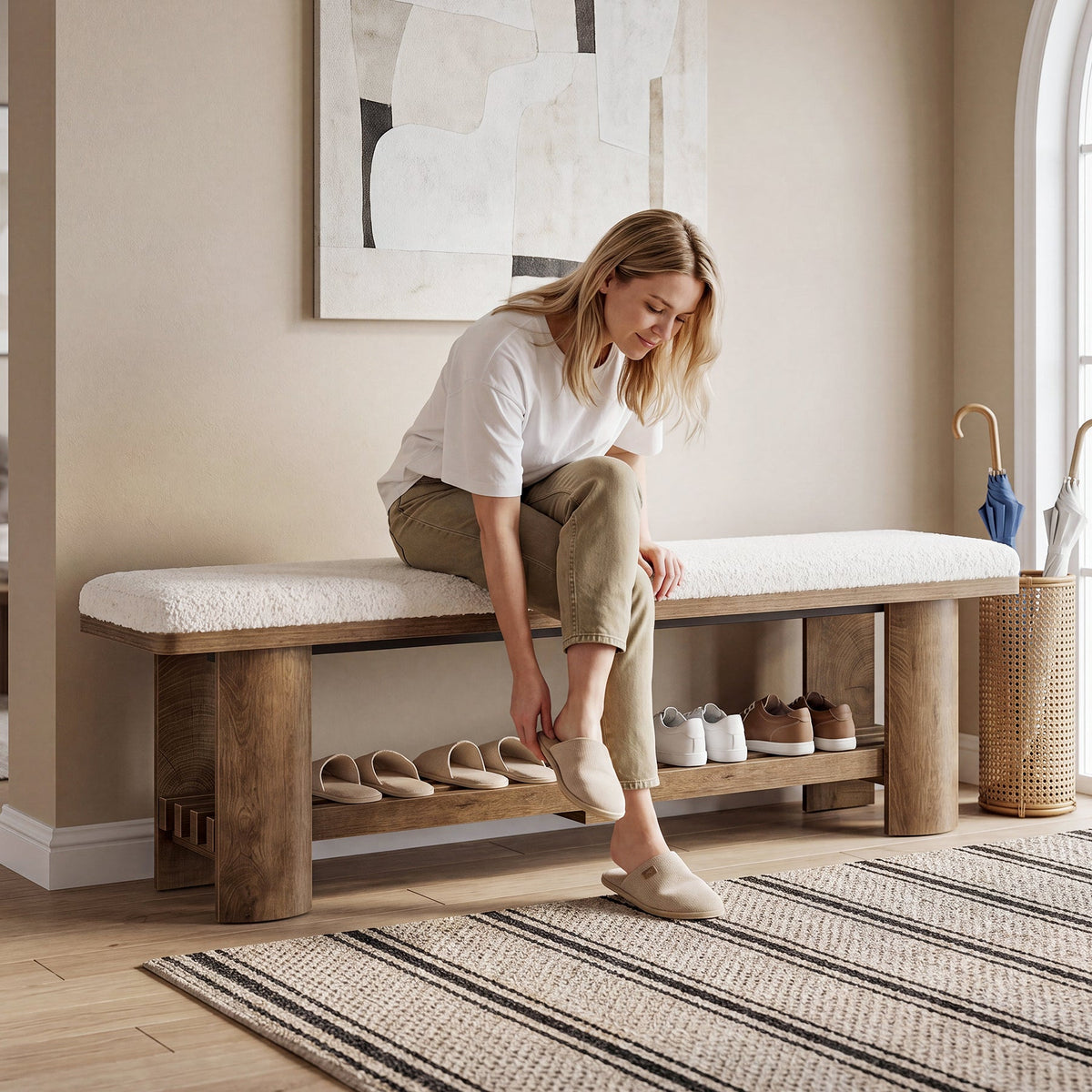 62.9" Entryway Bench with Storage, Upholstered Shoe Bench with Faux Lamb Wool Cushion