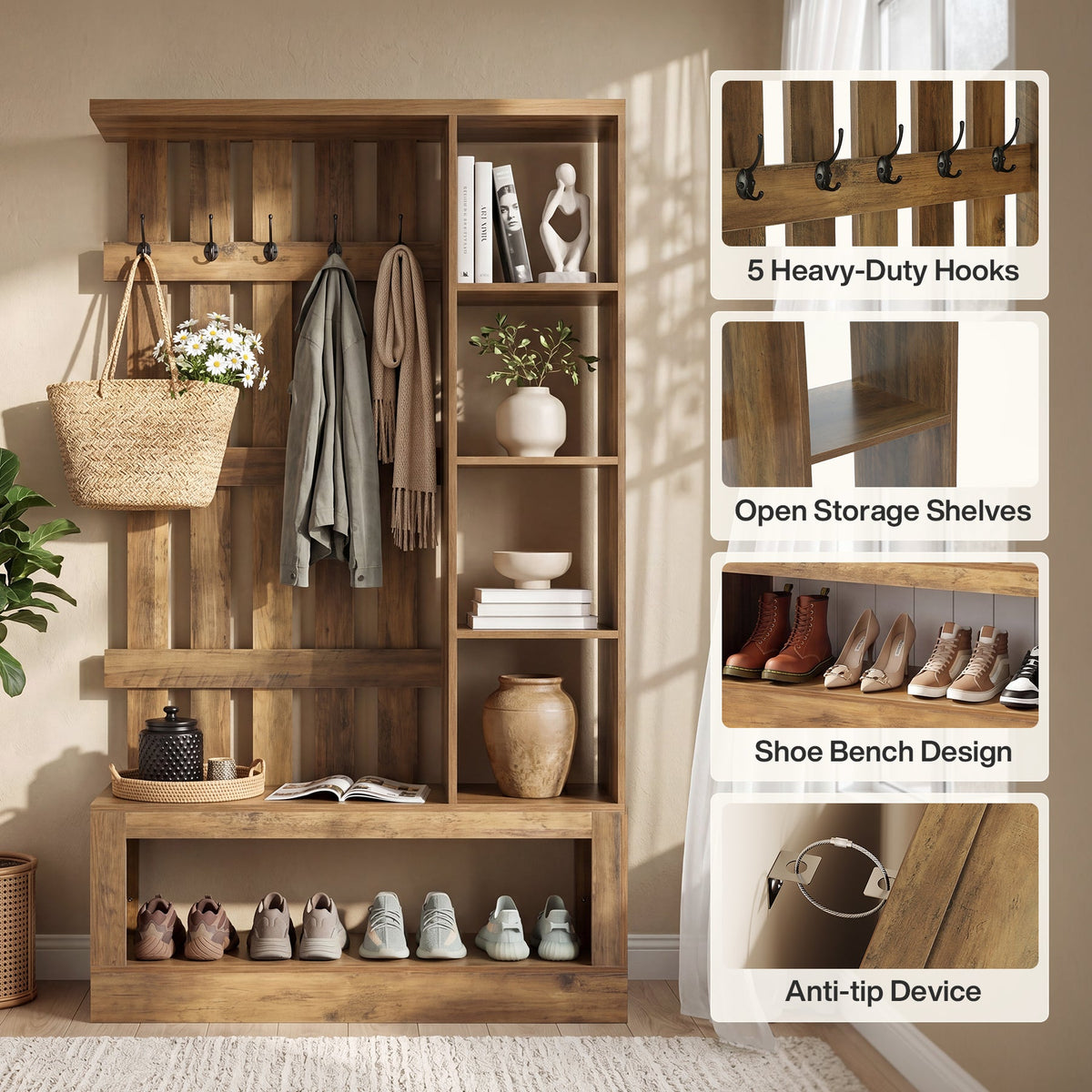 4-In-1 Farmhouse Hall Tree, 70.87" Entryway Coat Rack with Storage Bench