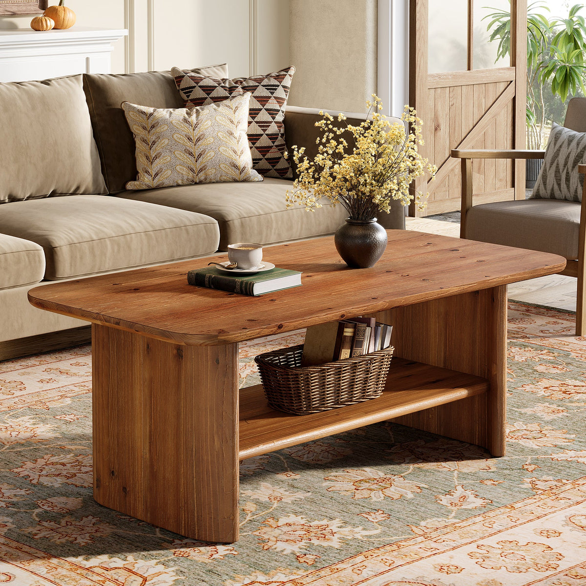 47" Solid Wood Coffee Table, Rectangle Center Table with 2-Tier Storage