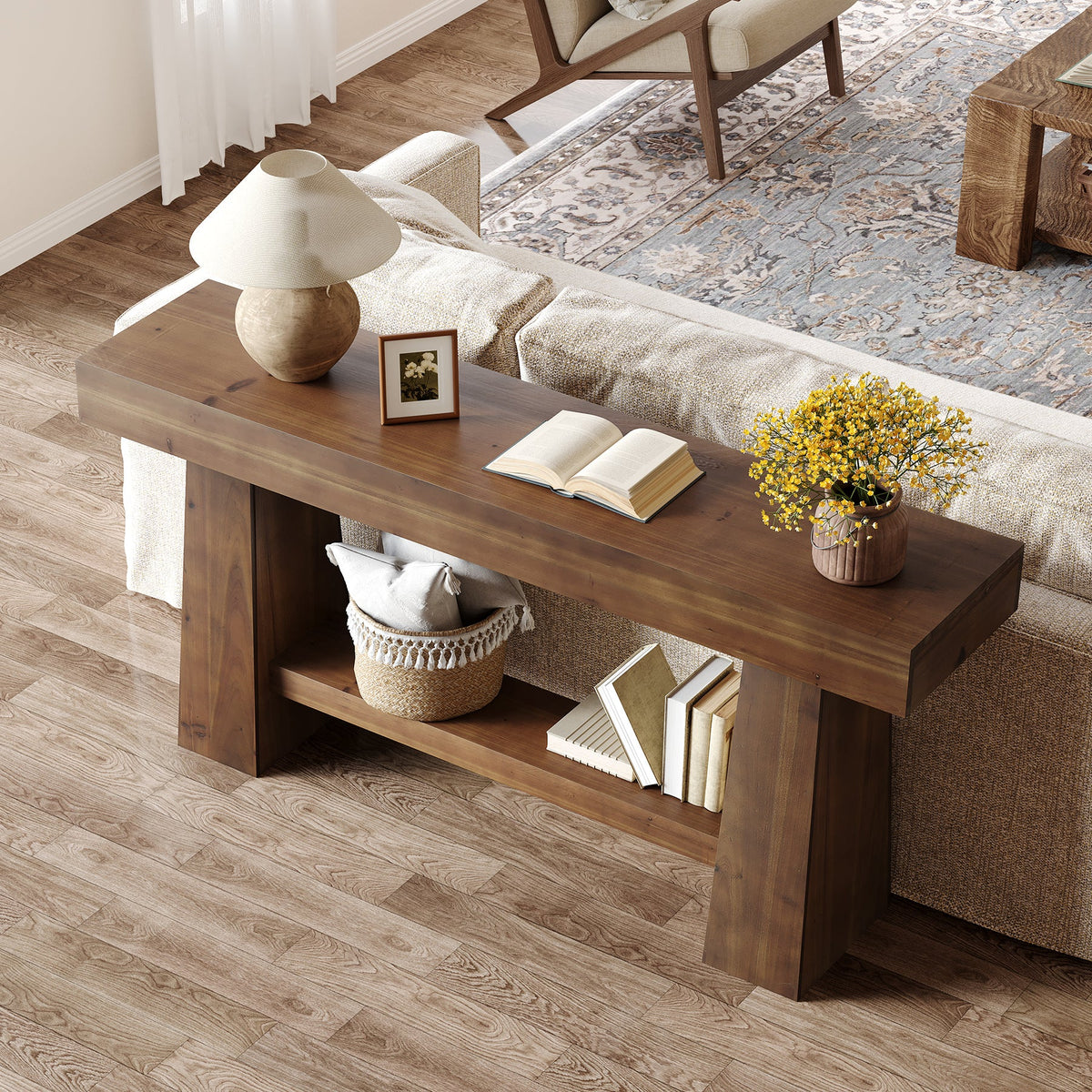 Solid Wood Console Table, 63" Wooden Entryway Sofa Table with Storage