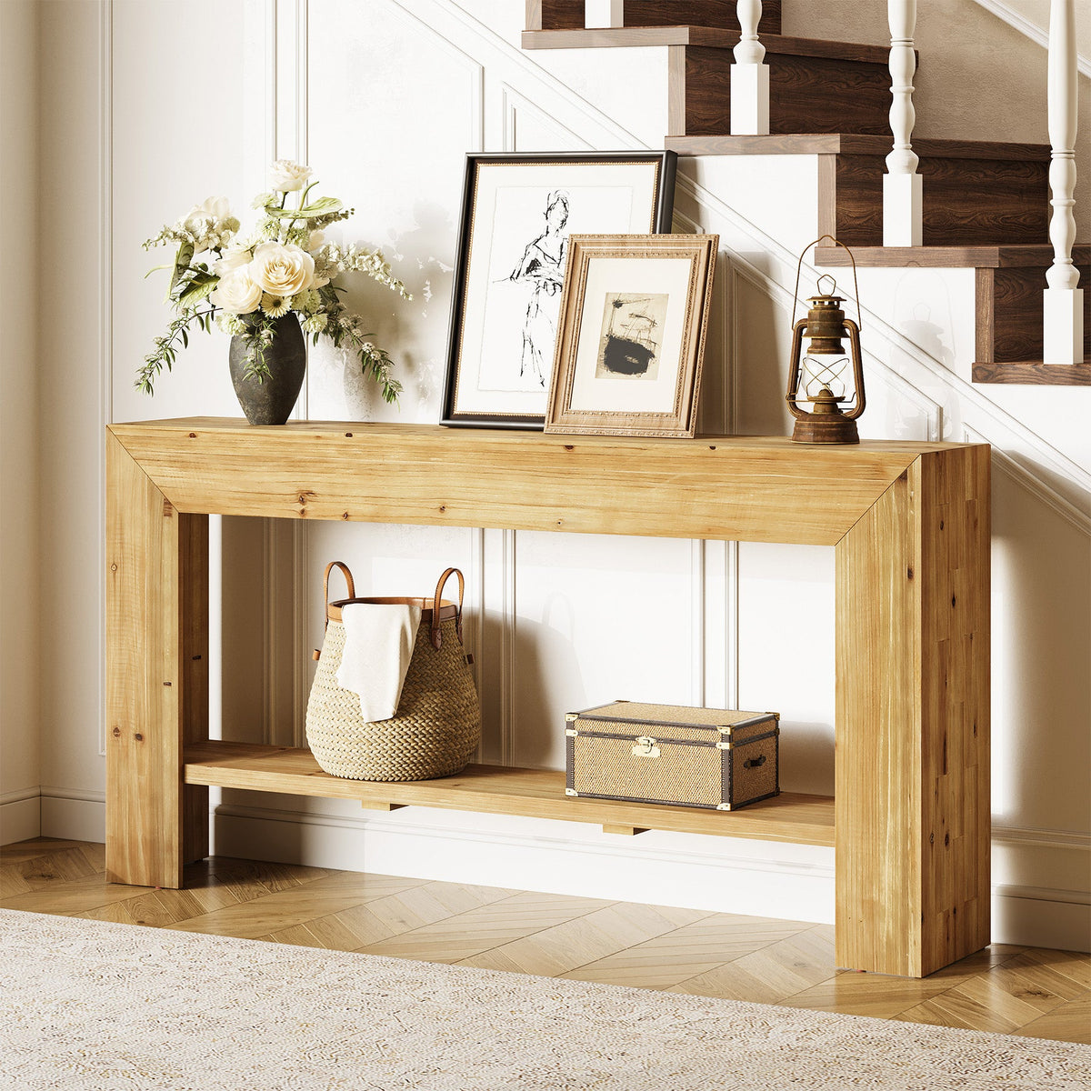 63" Solid Wood Console Table, Narrow Entryway Table with Storage