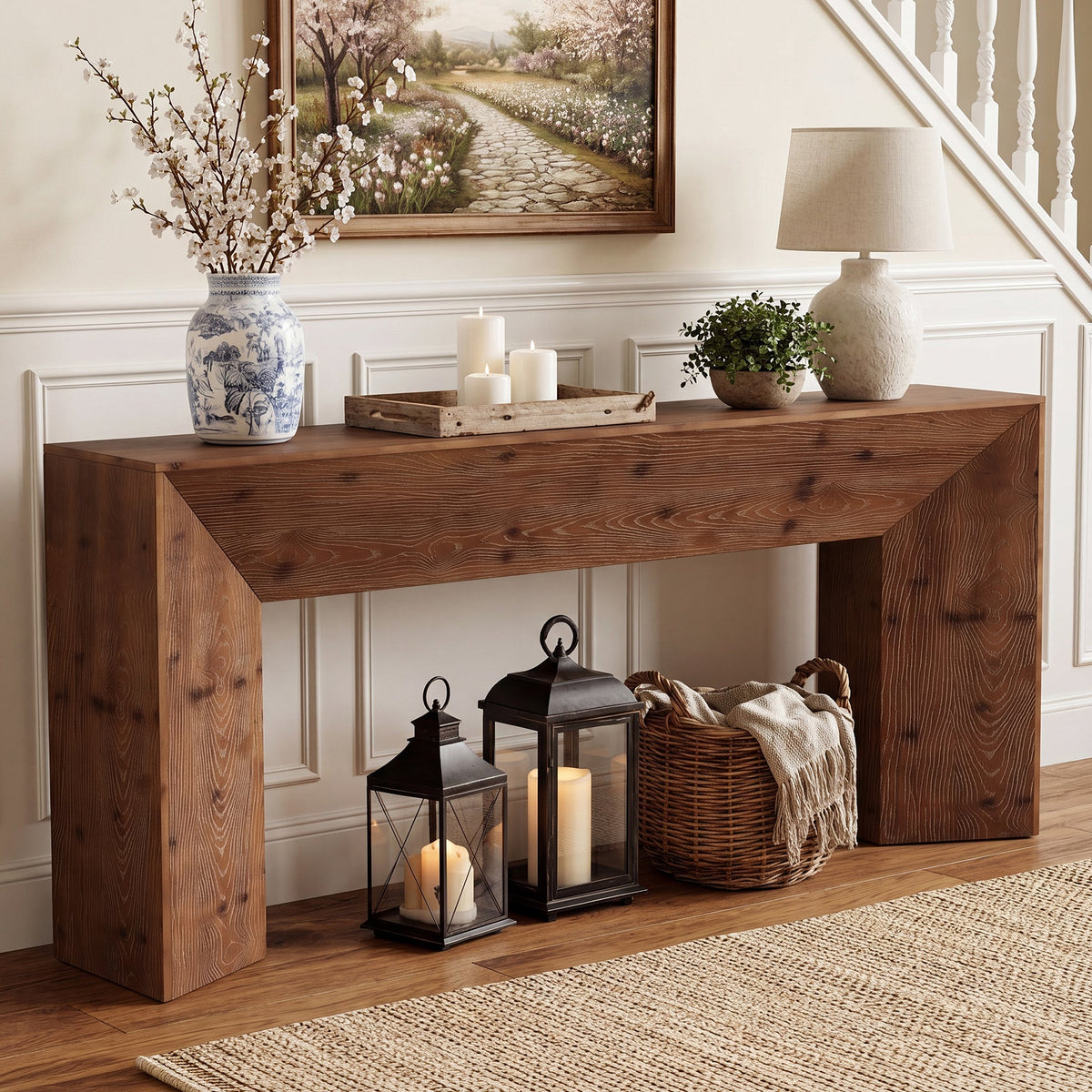 70.9" Solid Wood Console Table, Farmhouse Entryway Table with Hidden Back Storage for Hallway