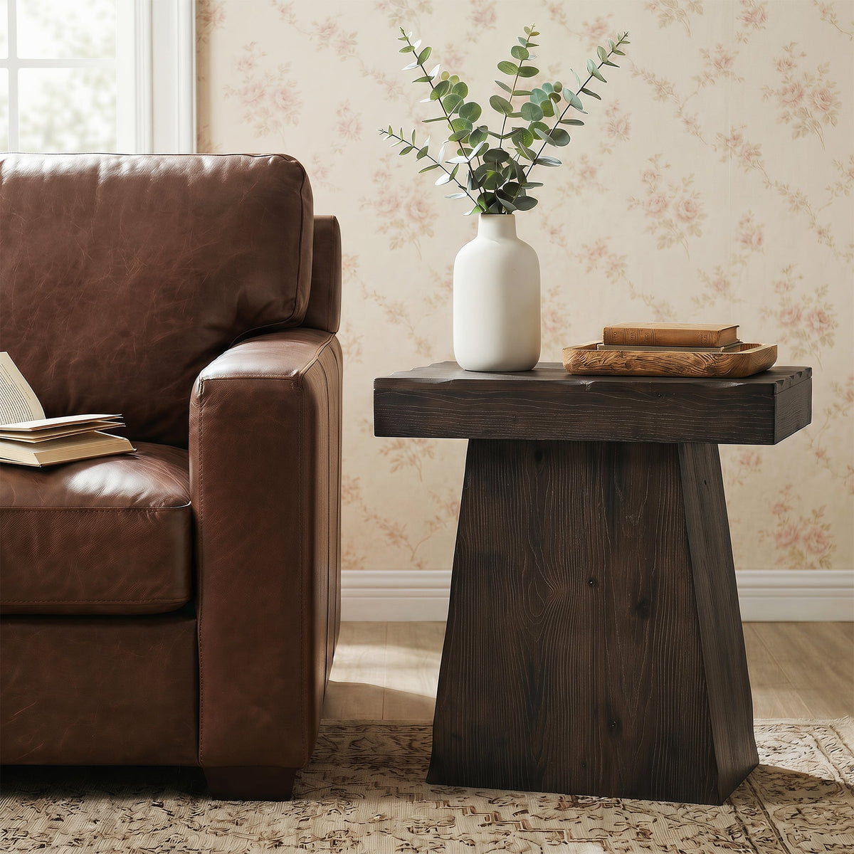 Tribesigns 23.6-Inch Solid End Table, Stable Wood Side Table with Trapezoid Base for Living Room and Small Space