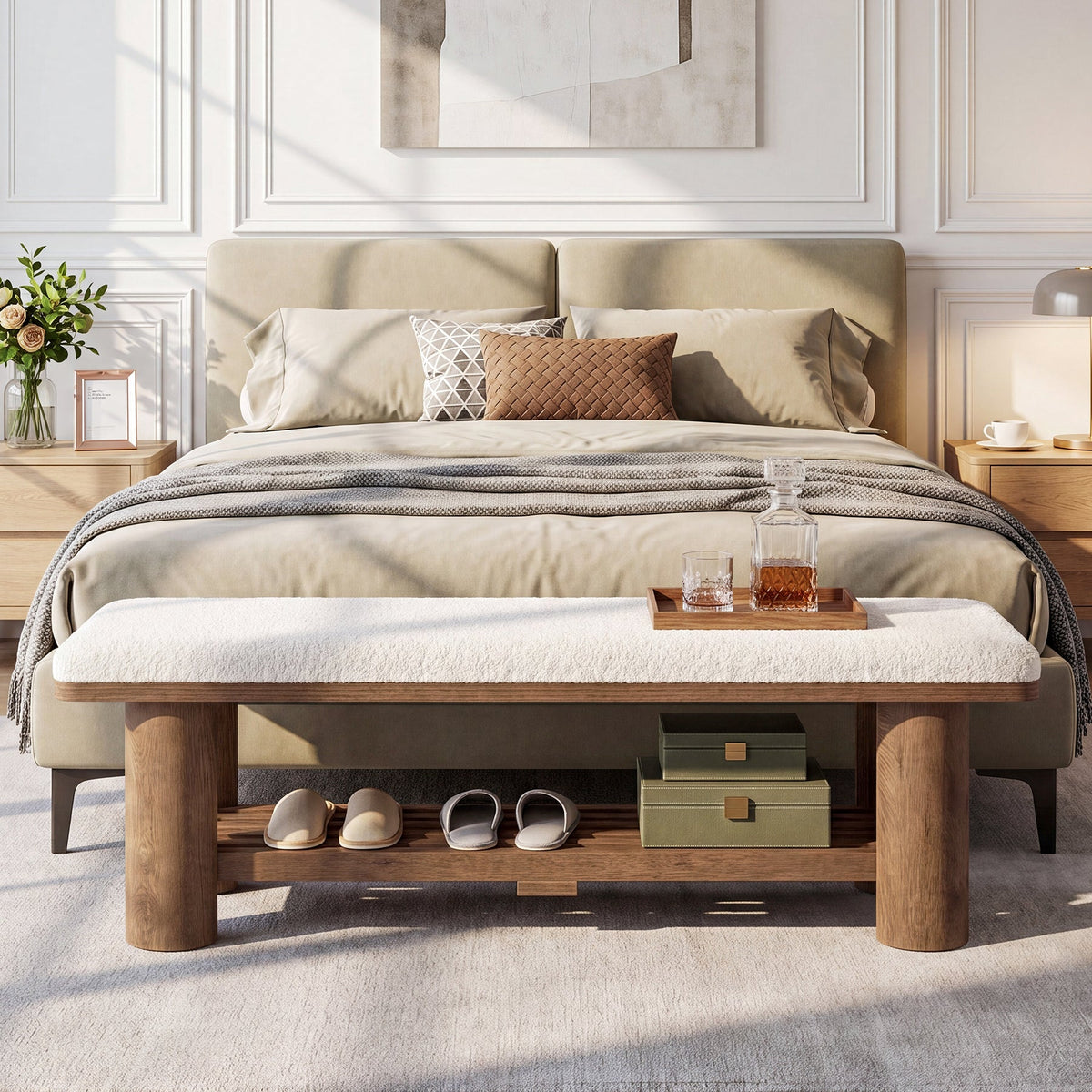 62.9" End of Bed Bench with Faux Lamb Wool Cushion for Bedroom