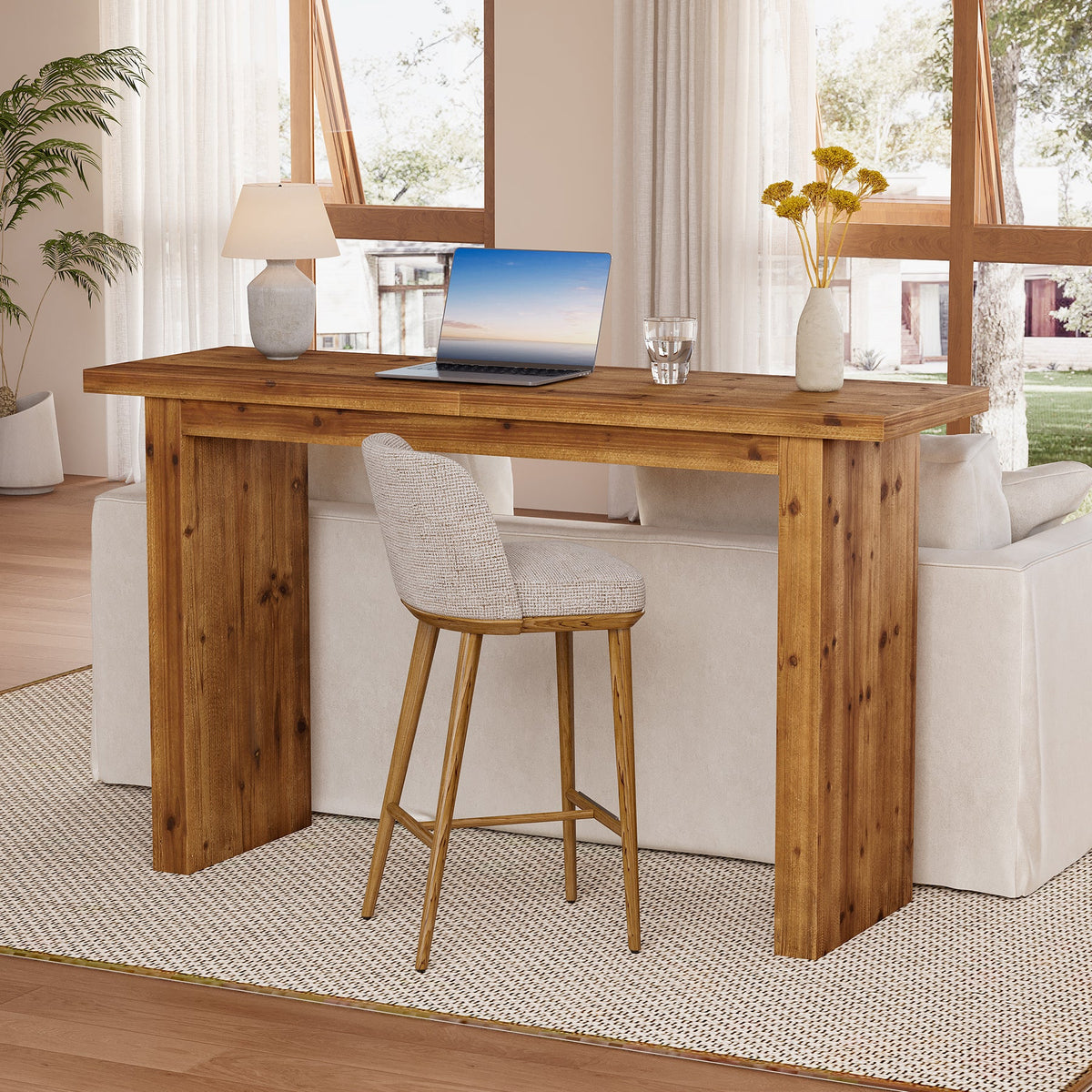 Solid Wood Bar Table, 63" Counter Height Pub Table with Sturdy Base