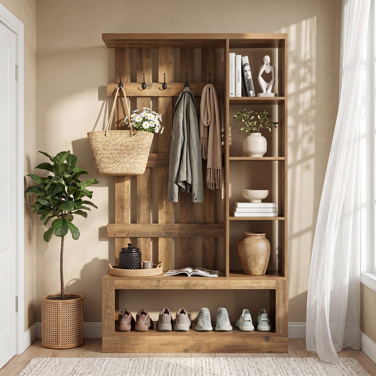 4-In-1 Farmhouse Hall Tree, 70.87" Entryway Coat Rack with Storage Bench