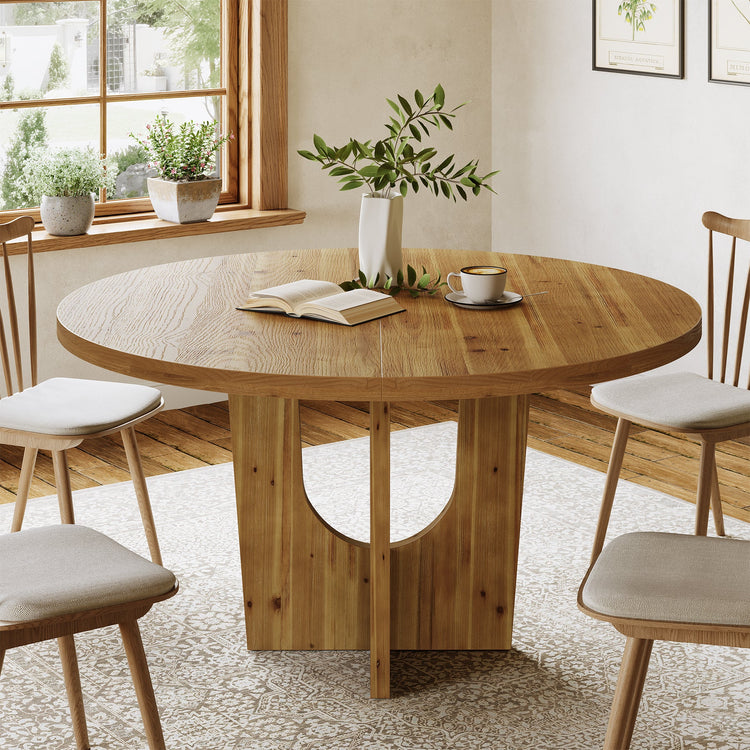 Solid Wood Round Dining Table, 47.2" Farmhouse Kitchen Table for 4-6 People