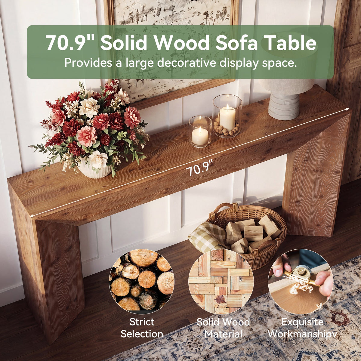 70.9" Solid Wood Console Table, Farmhouse Entryway Table with Hidden Back Storage for Hallway