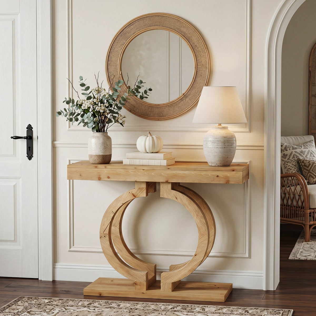 Solid Wood Console Table, 43.3" Entryway Sofa Table with Double-Circle Base for Hallway