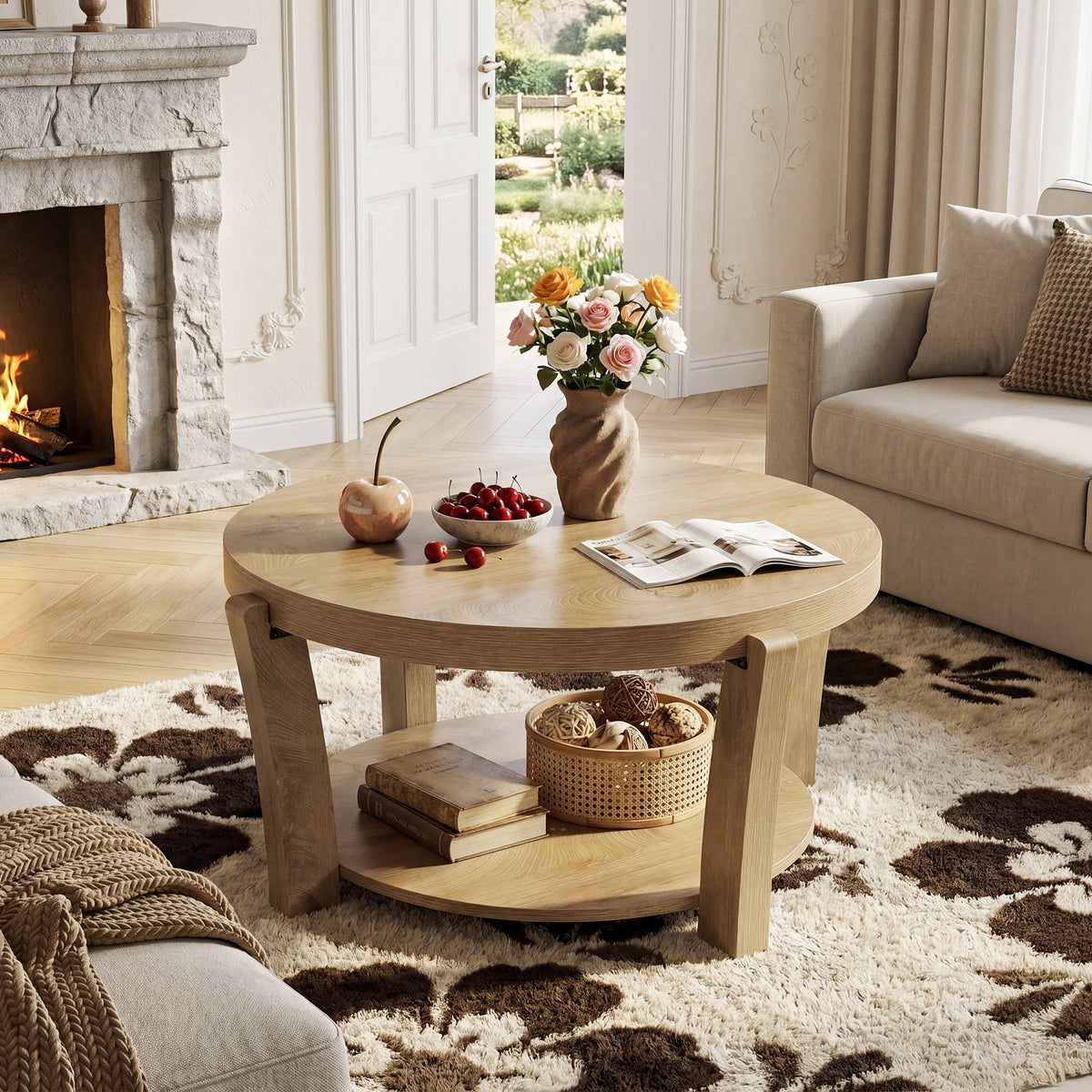 31.5" Round Coffee Table, Farmhouse Center Table with Storage, Easy Assembly