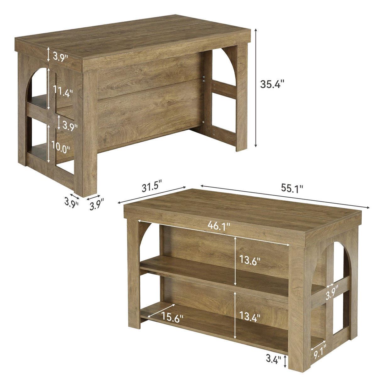 55" Kitchen Island with Storage, Large Stationary Island Bar Table with 3 Shelves