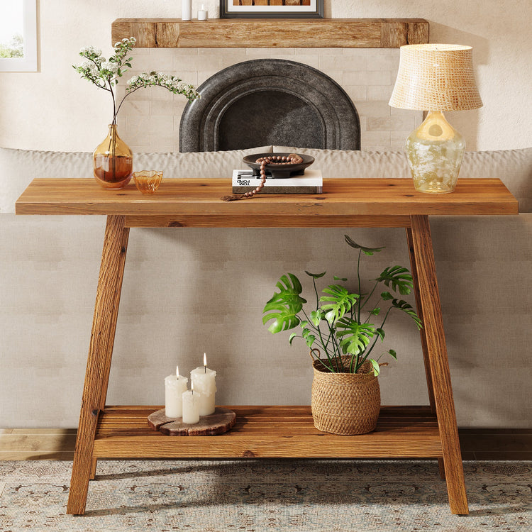 2-Tier Solid Wood Console Table, 41.3" Entryway Table with Storage Shelf