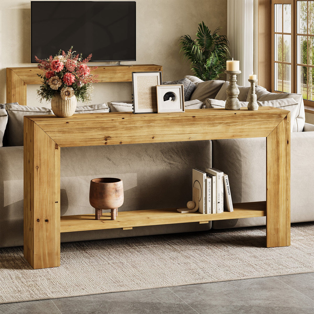 63" Solid Wood Console Table, Narrow Entryway Table with Storage