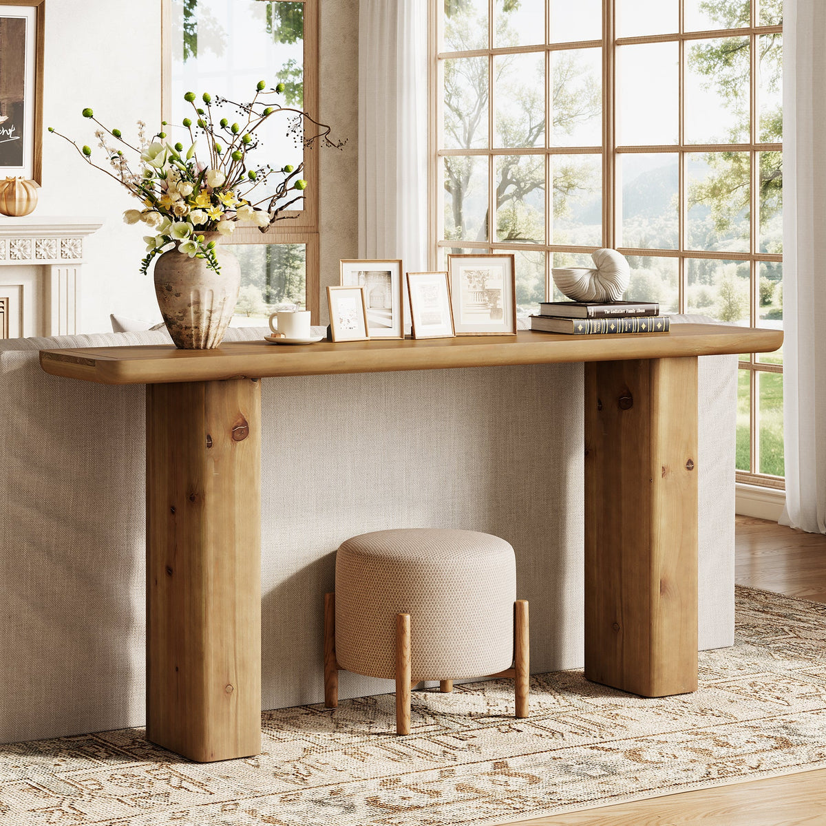 Solid Wood Console Table, 63" Sofa Table Behind Couch with Sturdy Base