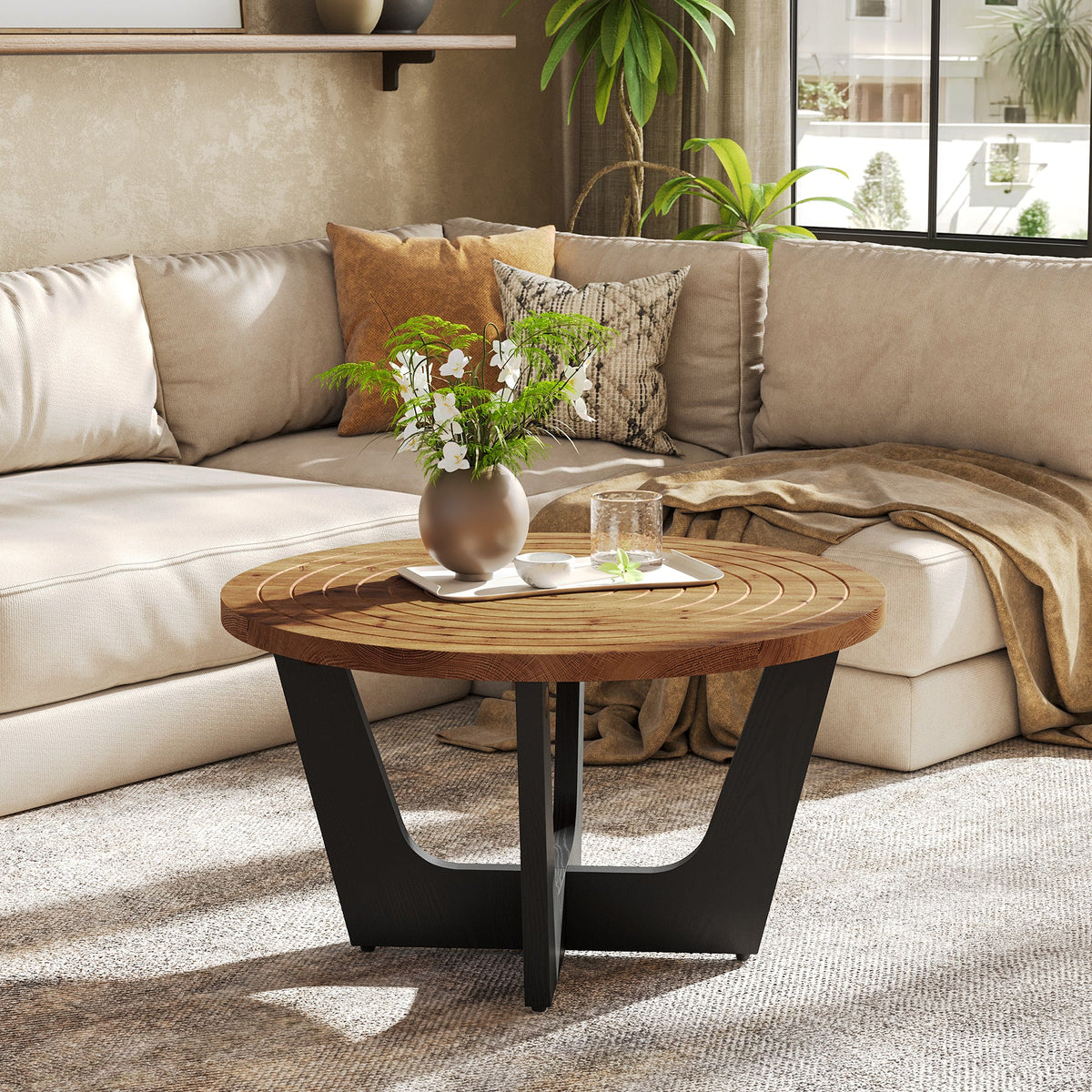 Round Solid Wood Coffee Table, 31.5" Center Tea Table with Ring Groove