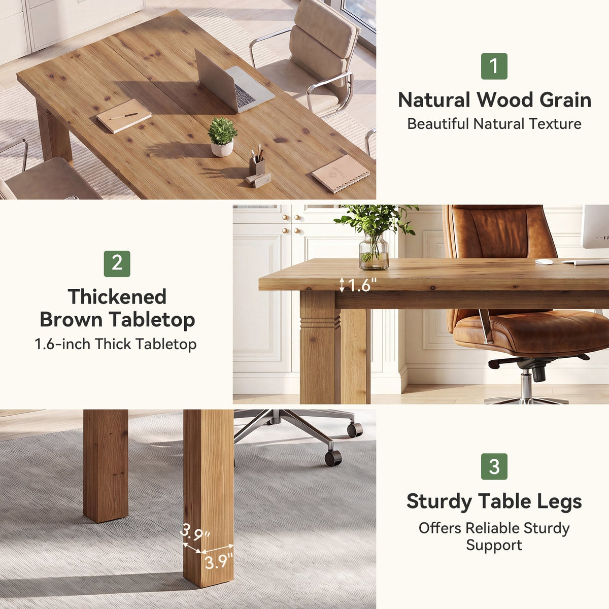 63" Solid Wood Computer Desk, Farmhouse Executive Desk with Heavy-Duty Legs