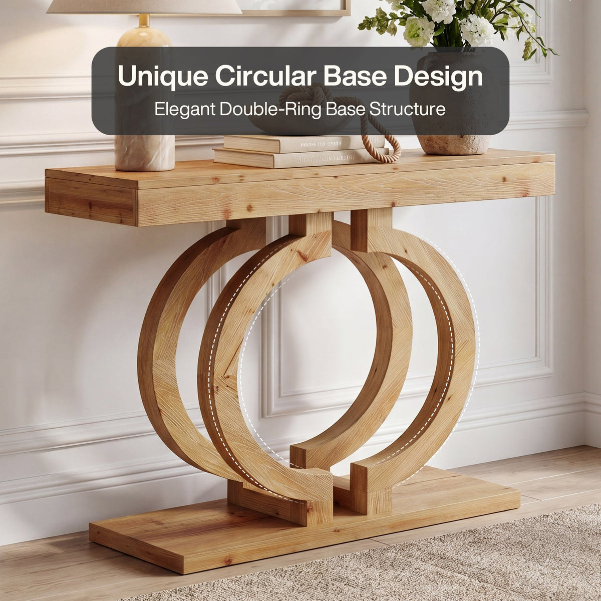 Solid Wood Console Table, 43.3" Entryway Sofa Table with Double-Circle Base for Hallway
