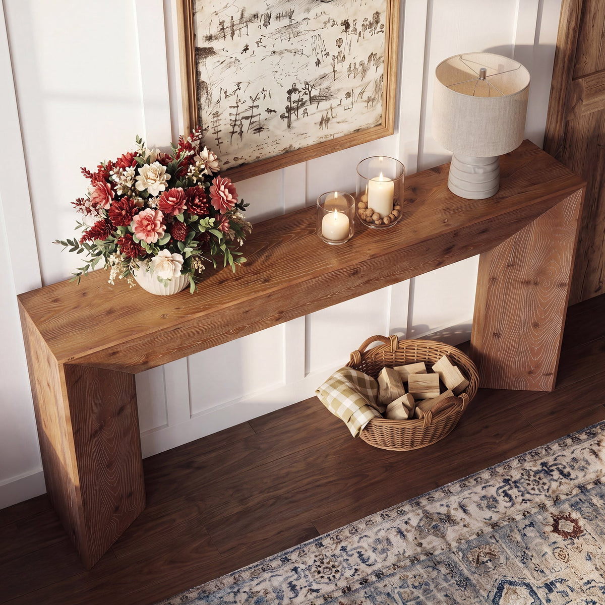 70.9" Solid Wood Console Table, Farmhouse Entryway Table with Hidden Back Storage for Hallway