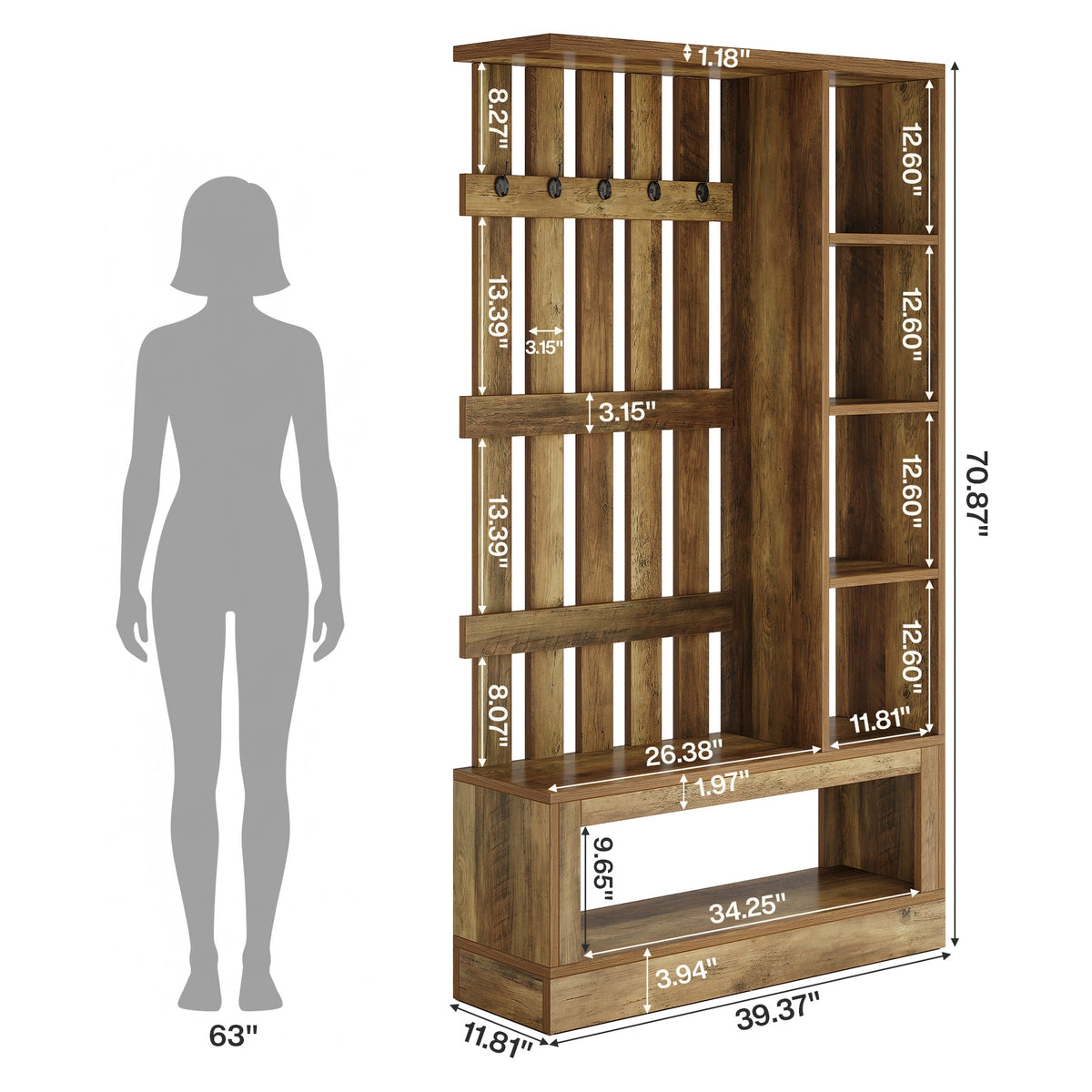 4-In-1 Farmhouse Hall Tree, 70.87" Entryway Coat Rack with Storage Bench