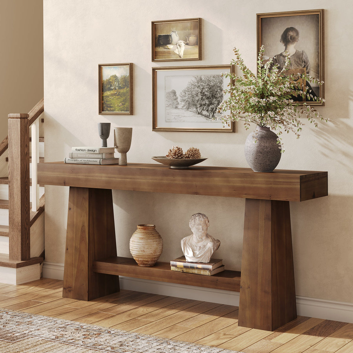 Solid Wood Console Table, 63" Wooden Entryway Sofa Table with Storage