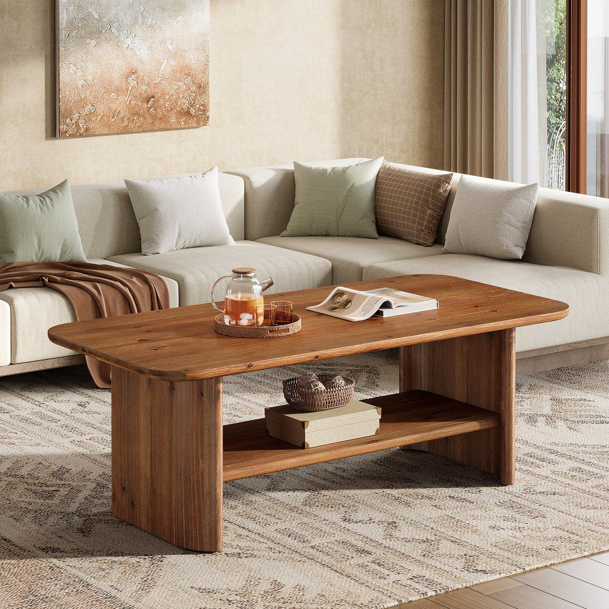 47" Solid Wood Coffee Table, Rectangle Center Table with 2-Tier Storage