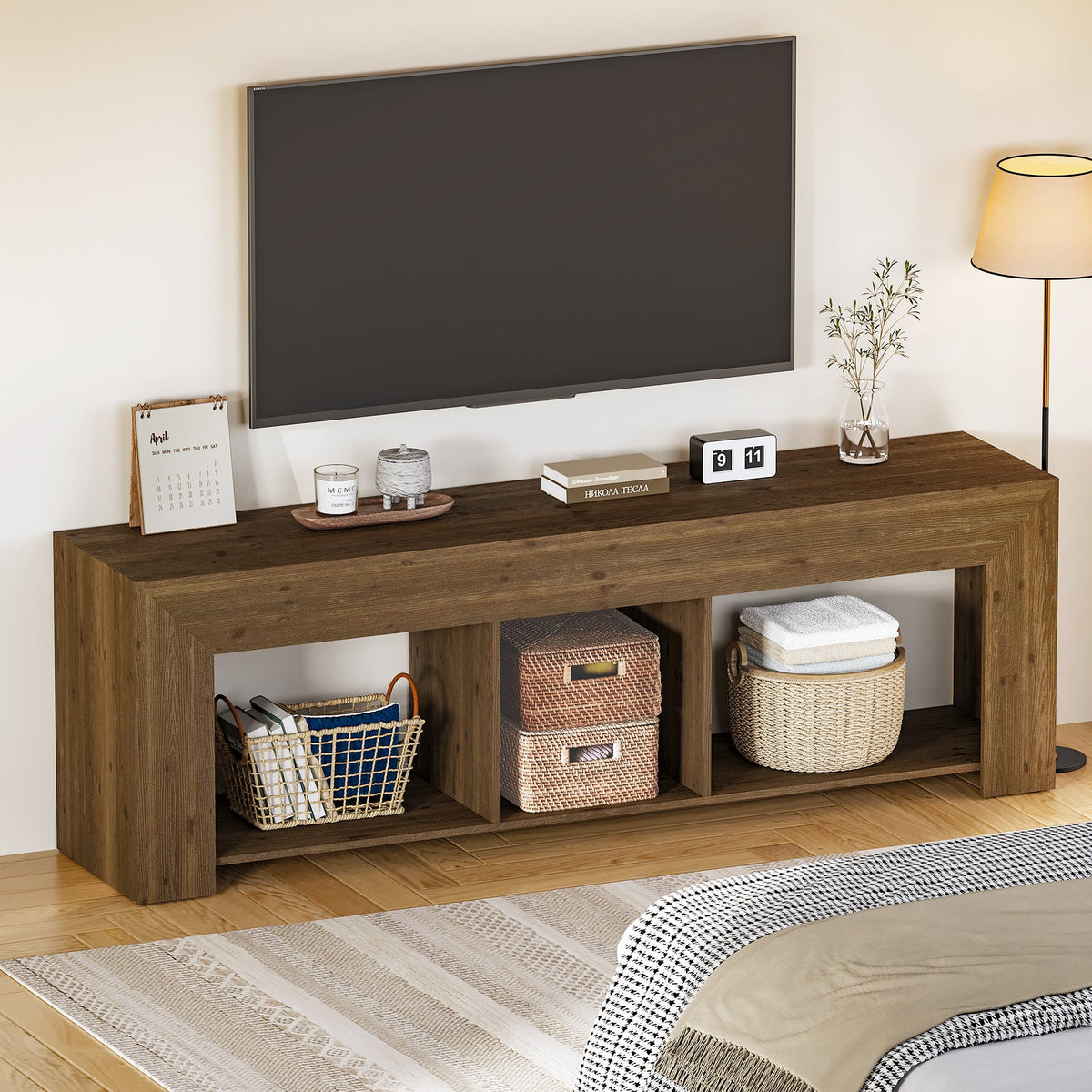 Solid Wood TV Stand, 63" Entertainment Center with Storage for 65" TV