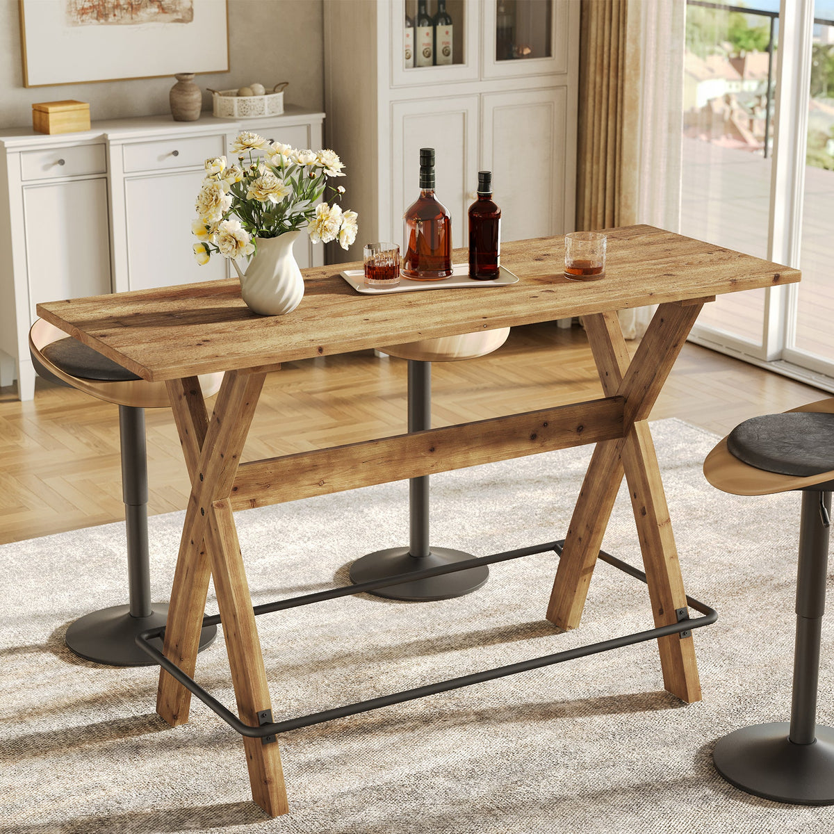 63" Bar Table, Solid Wood Counter Height Coffee Bar Cocktail Table