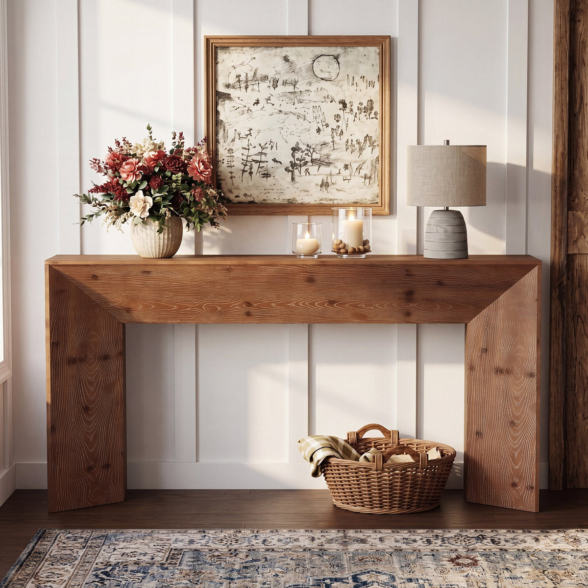 70.9" Solid Wood Console Table, Farmhouse Entryway Table with Hidden Back Storage for Hallway