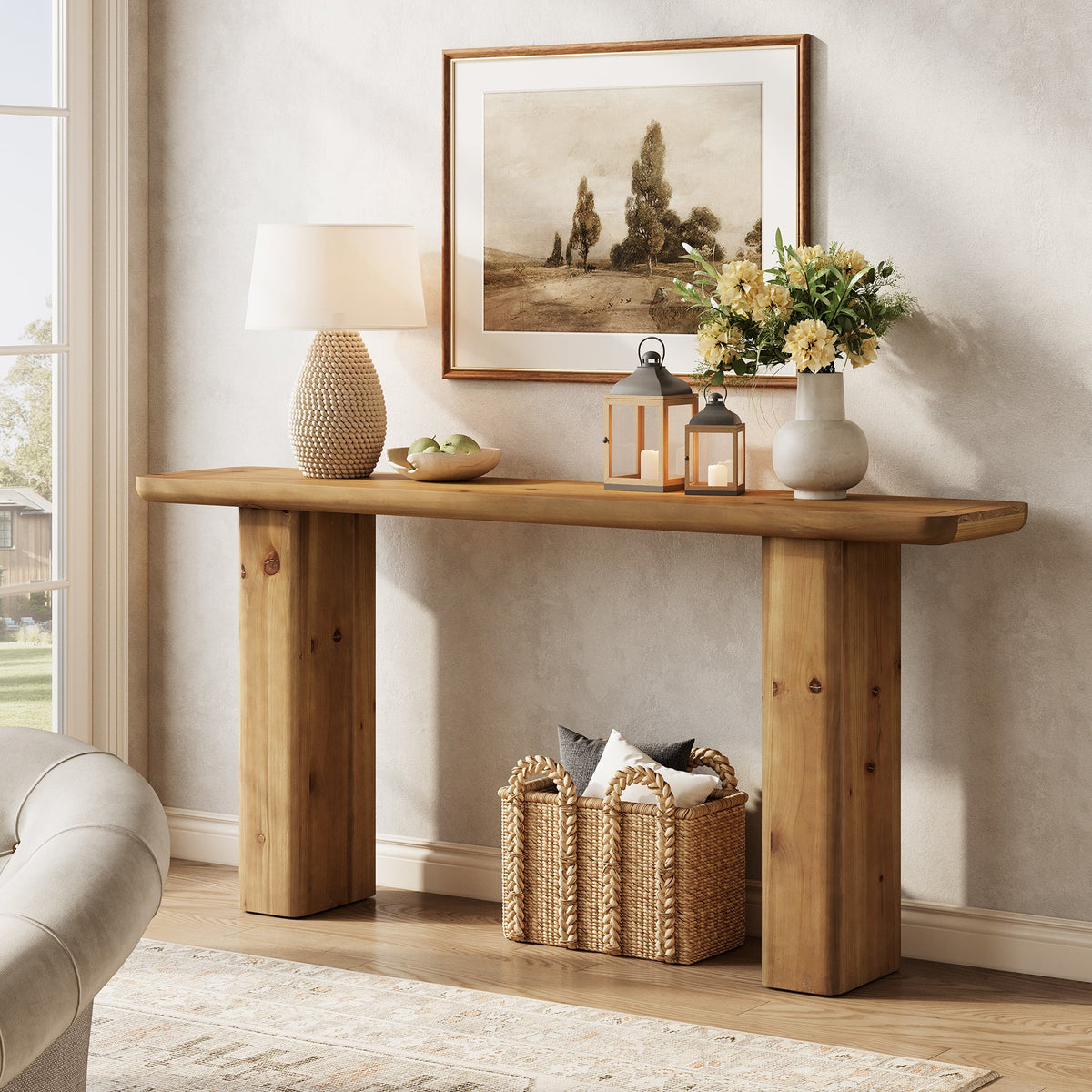 Solid Wood Console Table, 63" Sofa Table Behind Couch with Sturdy Base