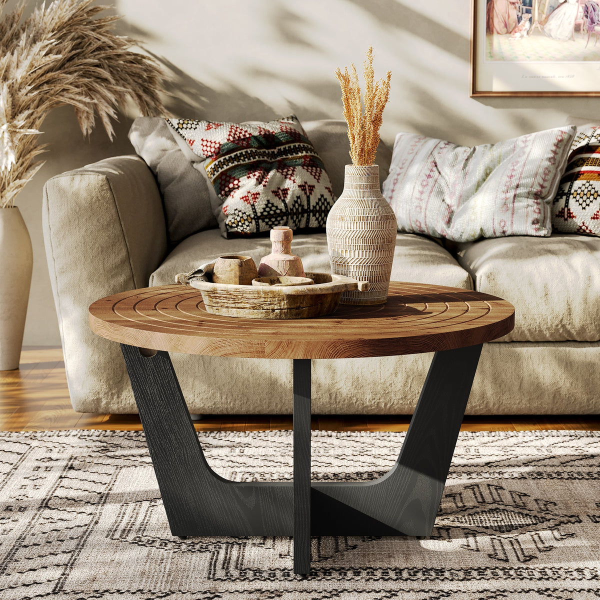 Round Solid Wood Coffee Table, 31.5" Center Tea Table with Ring Groove