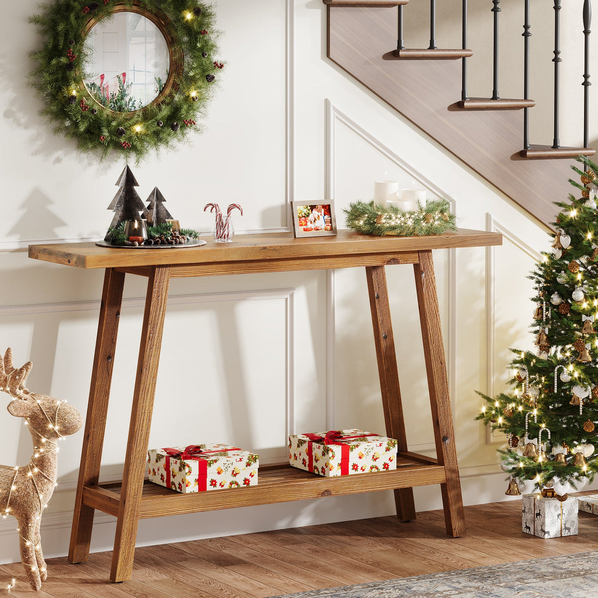 2-Tier Solid Wood Console Table, 41.3" Entryway Table with Storage Shelf