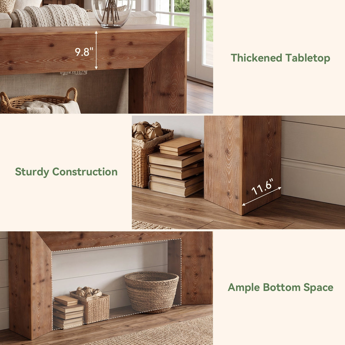 70.9" Solid Wood Console Table, Farmhouse Entryway Table with Hidden Back Storage for Hallway