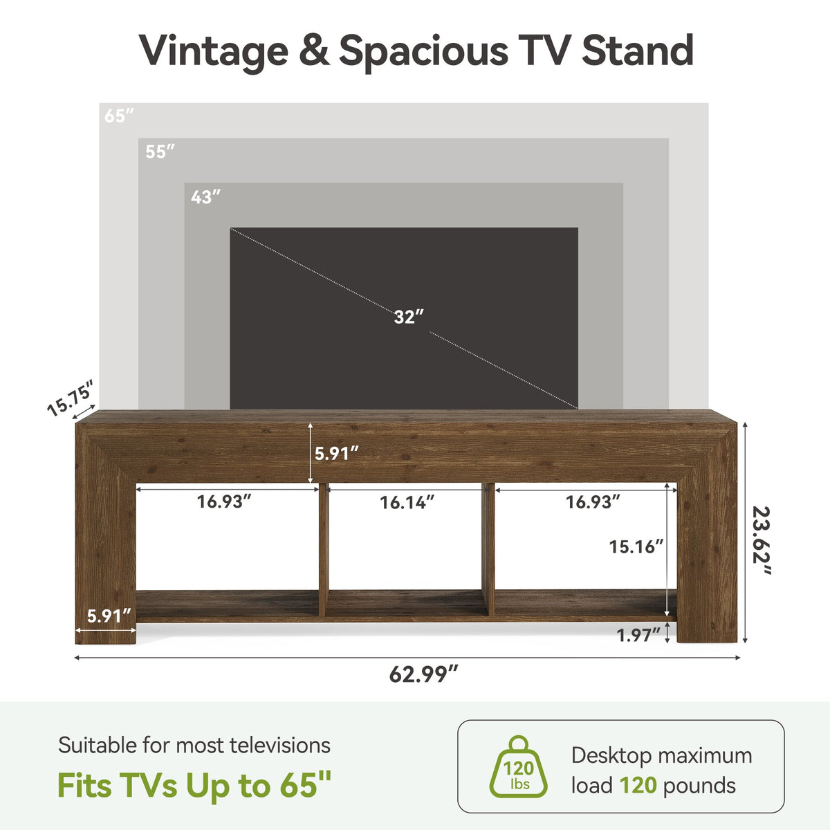 Solid Wood TV Stand, 63" Entertainment Center with Storage for 65" TV