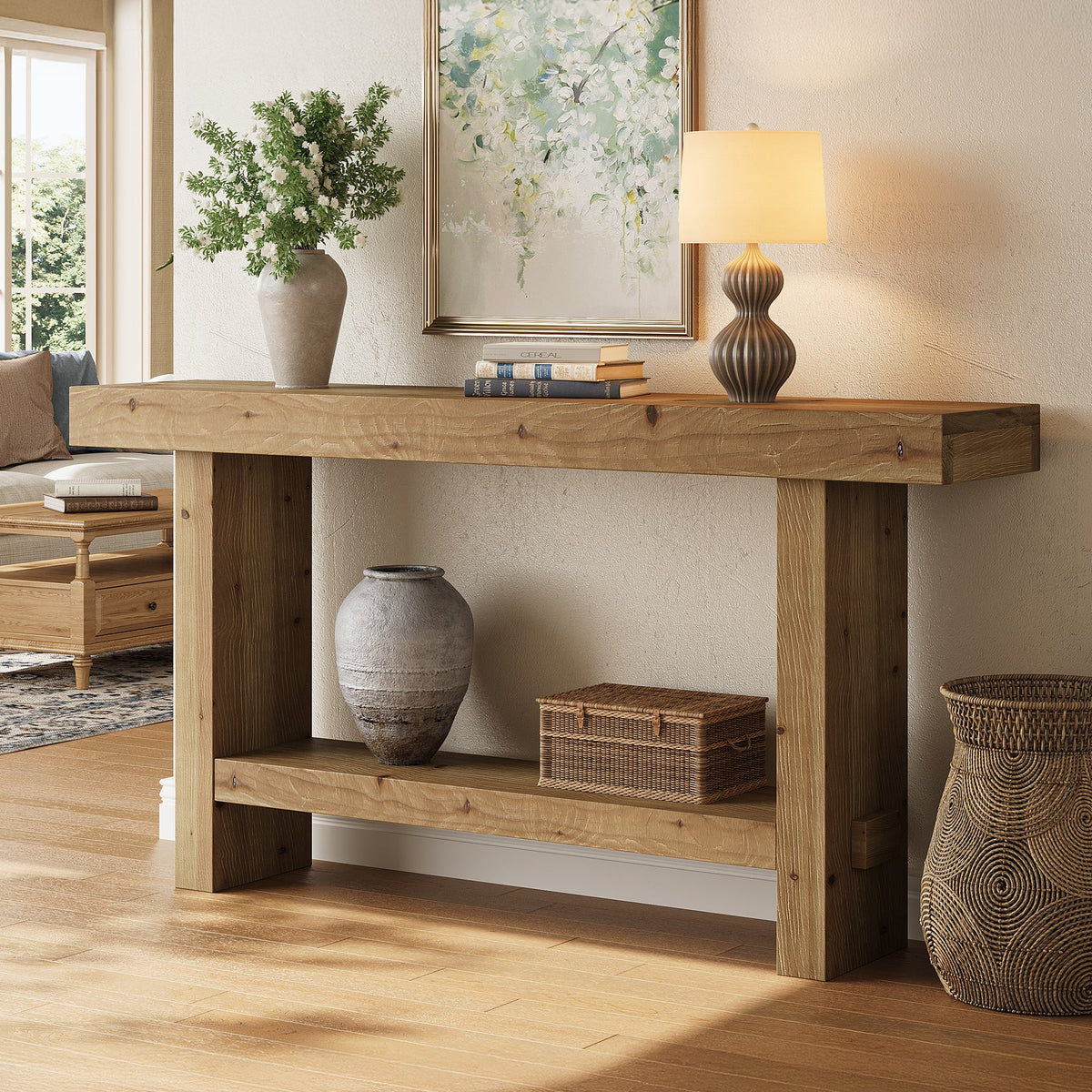 63" Solid Wood Console Table, 2-Tier Narrow Entryway Table for Hallway