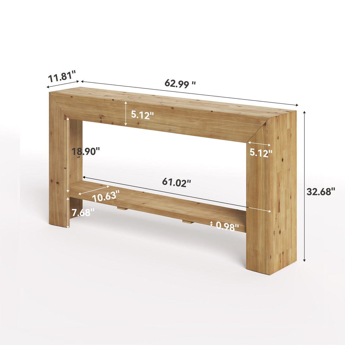 63" Solid Wood Console Table, Narrow Entryway Table with Storage