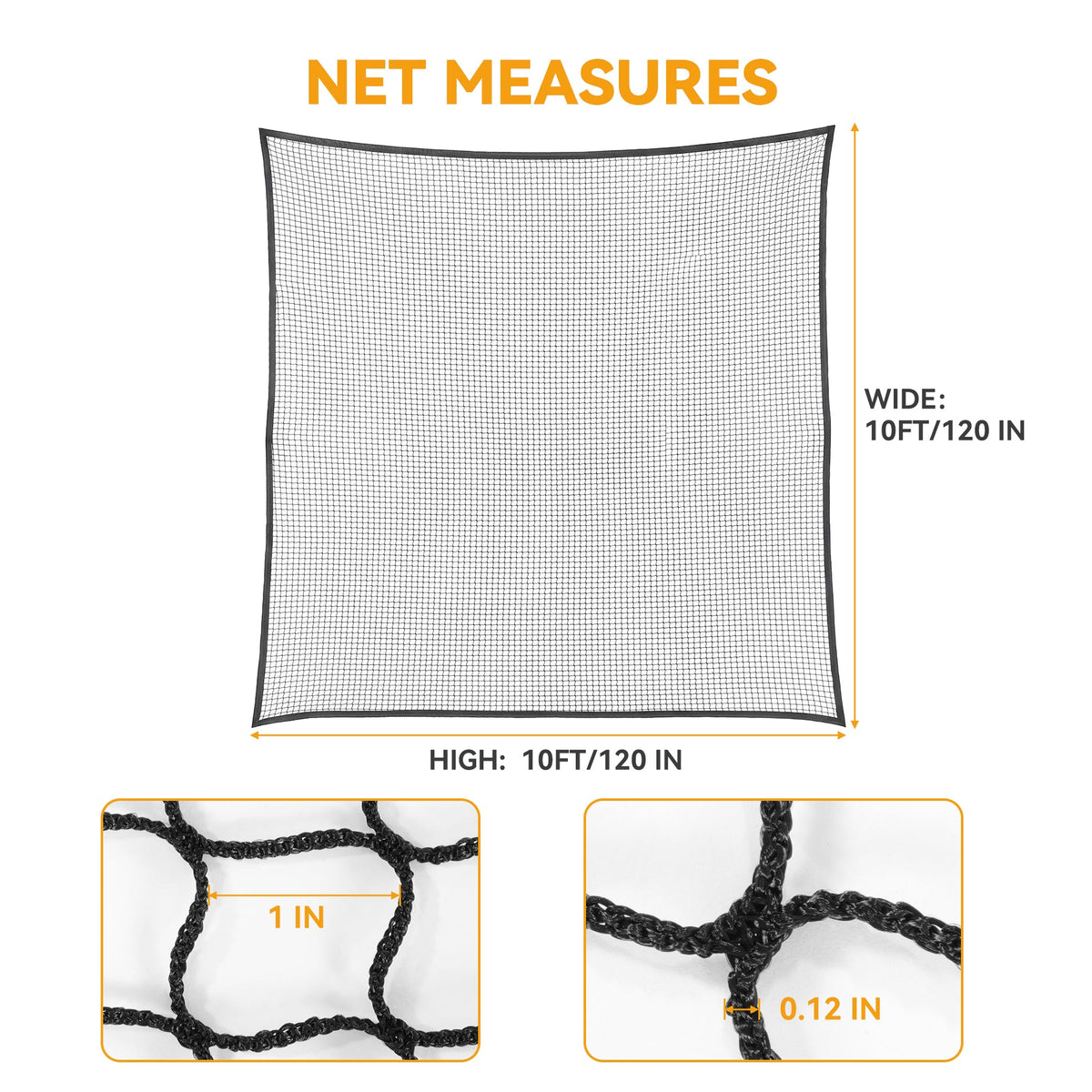 Sports Netting, Nylon Golf Net 10x10, High Impact Golf Practice Net for Backyard, 4 Hooks & 12 Bungee Cords