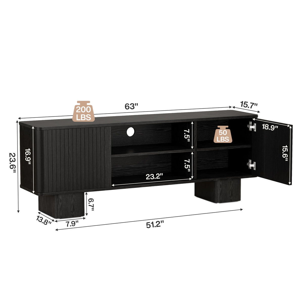 63" TV Stand for TVs Up To 70", Entertainment Center With Fluted Door & Hidden Storage