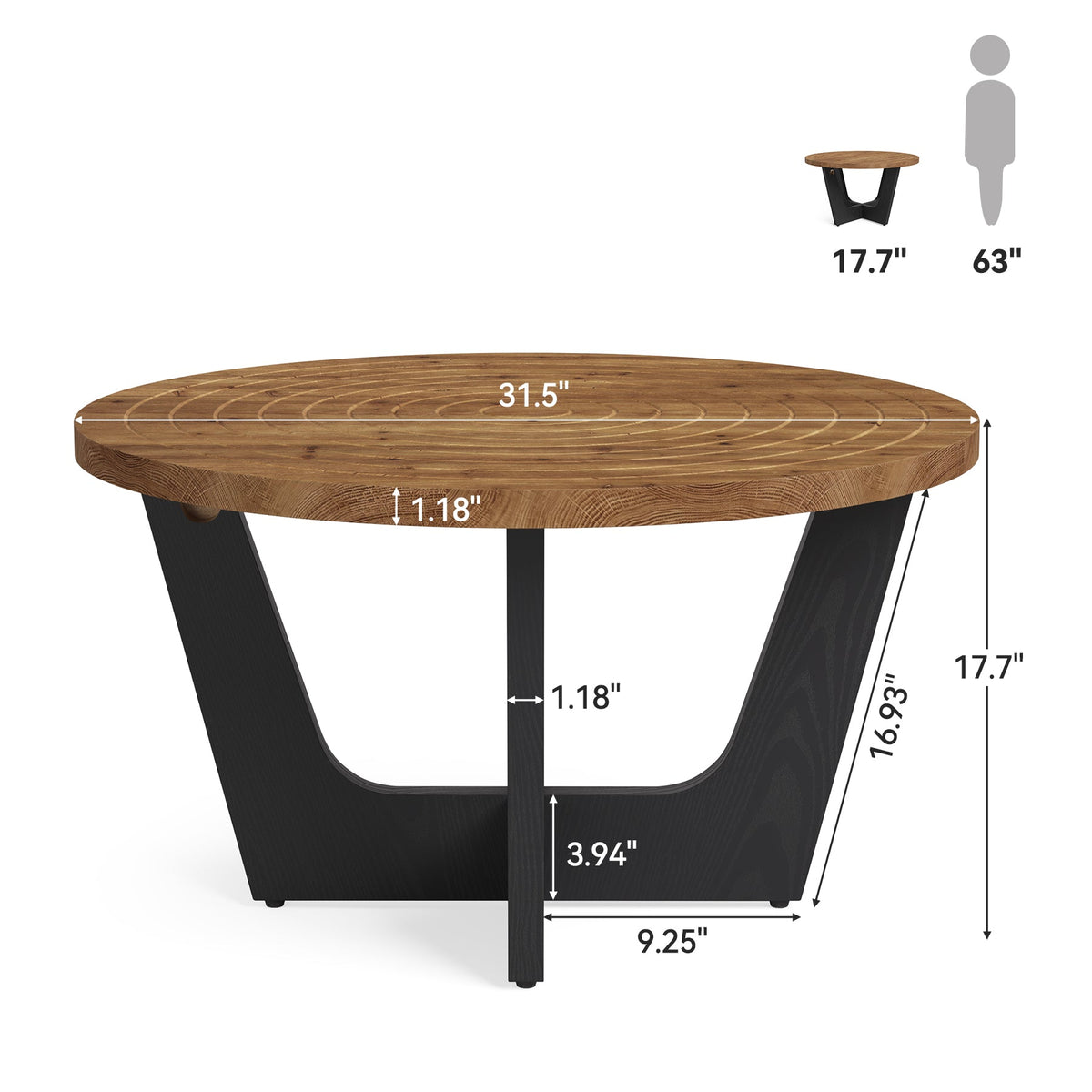 Round Solid Wood Coffee Table, 31.5" Center Tea Table with Ring Groove