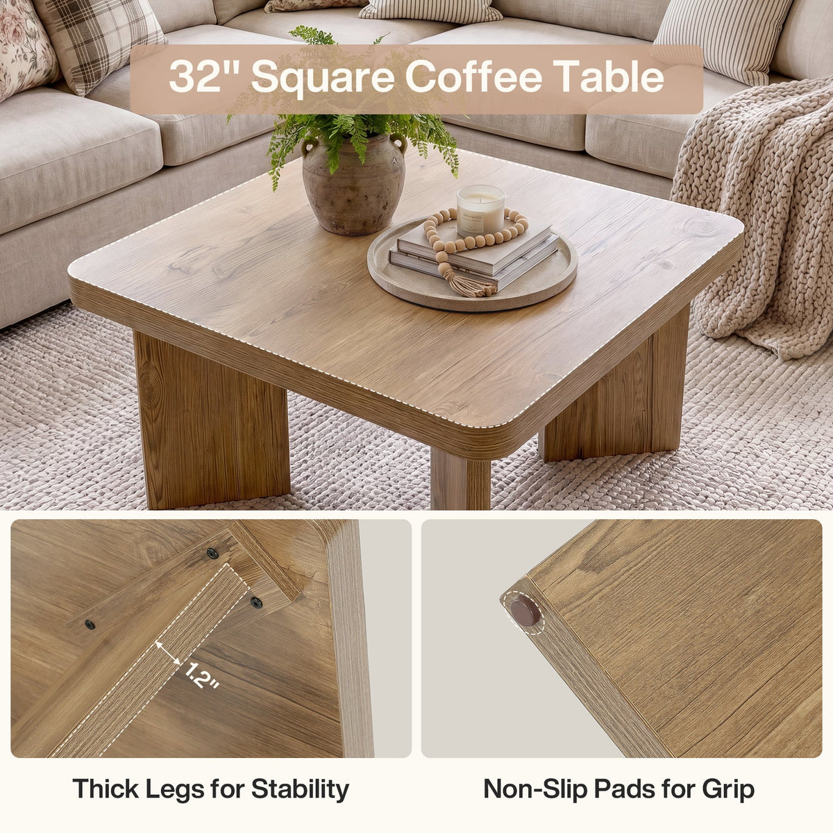 Tribesigns 31.5-Inch Farmhouse Coffee Table with Thickened Tabletop, Square Wood Center Table for Small Spaces