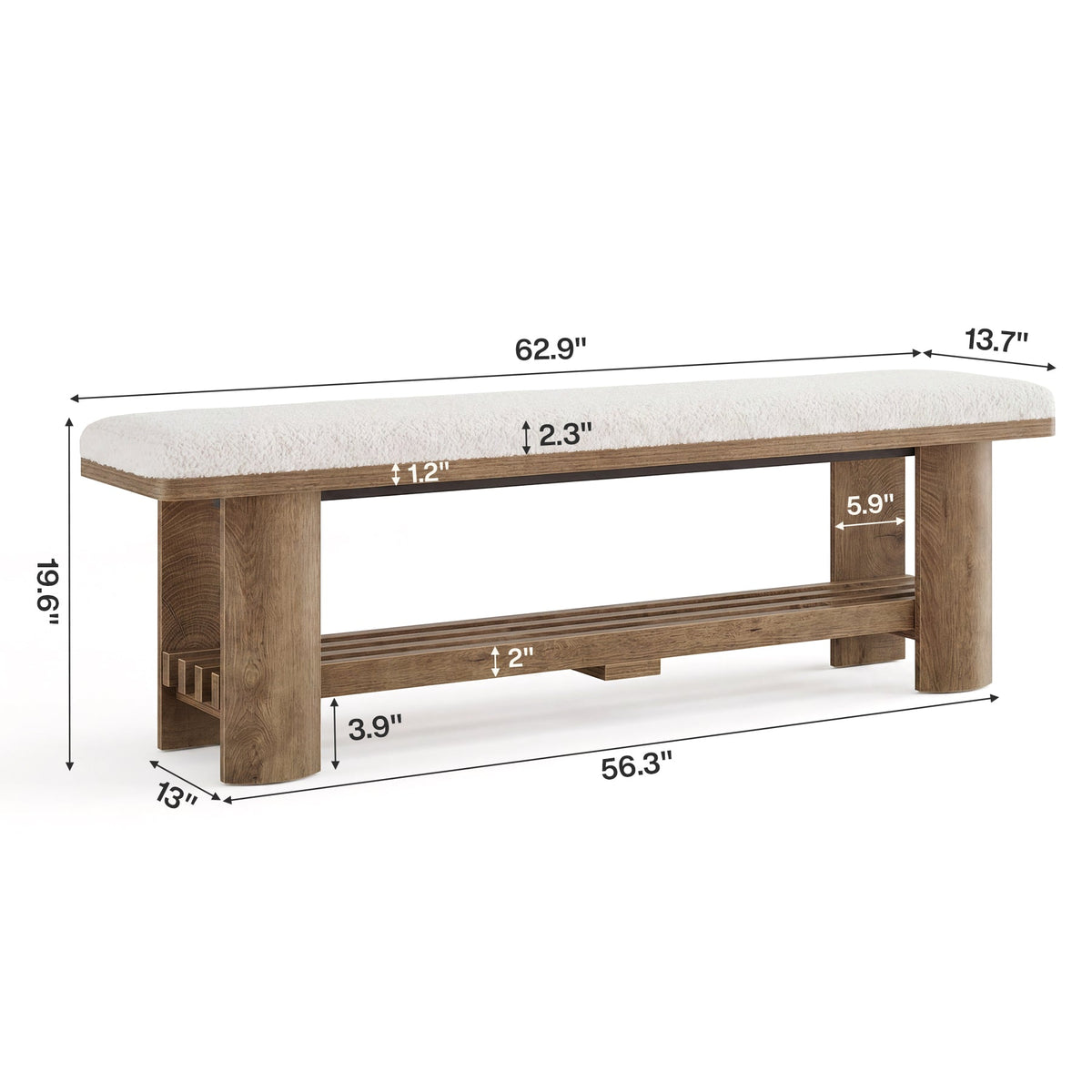 62.9" End of Bed Bench with Faux Lamb Wool Cushion for Bedroom