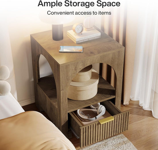 19.6" Nightstand with Drawer, 2-Tier Wood Farmhouse Bedside Table with Open Shelf