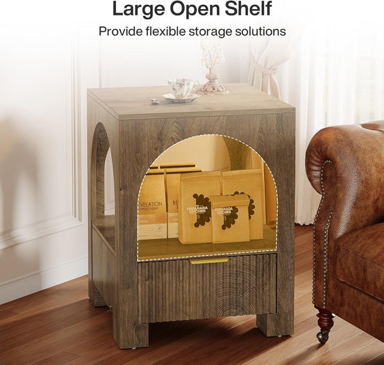 19.6" Nightstand with Drawer, 2-Tier Wood Farmhouse Bedside Table with Open Shelf