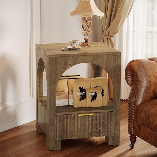 19.6" Nightstand with Drawer, 2-Tier Wood Farmhouse Bedside Table with Open Shelf