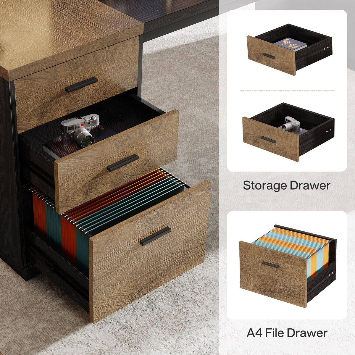 86.6" L-Shaped Executive Desk, Large Computer Desk with Drawers & 55" File Cabinet