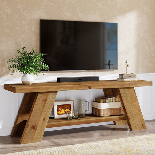Solid Wood TV Stand with 2-Tier Shelf, 63" TV Media Console for TVs up to 75"