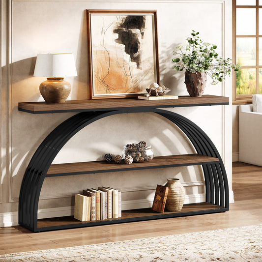 63" Console Table, 3-Tier Sofa  Entryway Table with Arched Frame