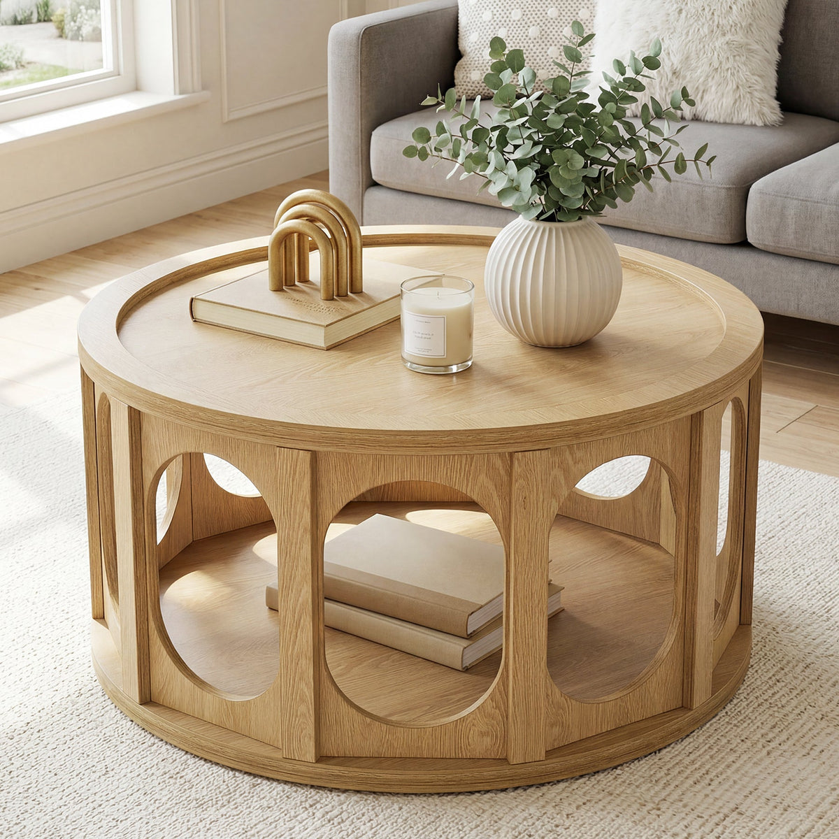 Tribesigns 31.5-Inch Modern Round Coffee Table with Open Storage Shelf, Wood Grain Center Table for Living Room