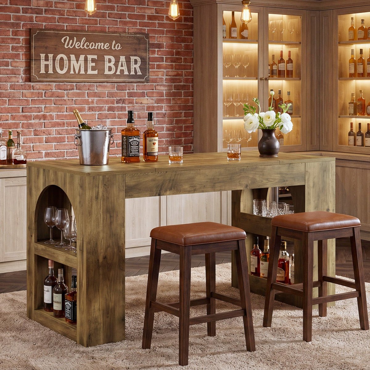 63" Counter Height Bar Table with Side Storage, Industrial Counter Table for Home Bar & Dining Room