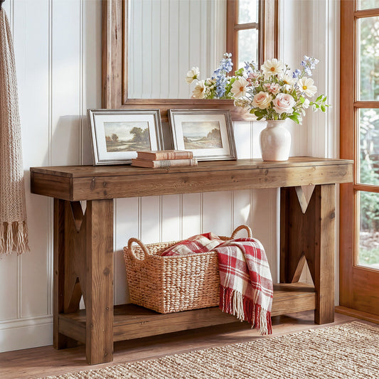 63" Solid Wood Console Table, 2-Tier Entryway Sofa Table with X-Shaped Support Frame
