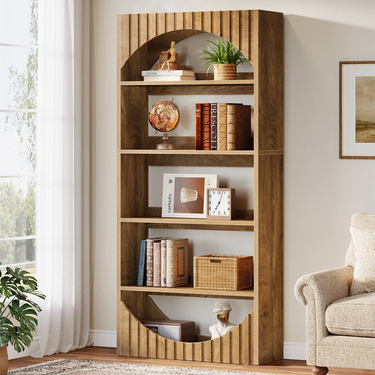 5-Tier Bookshelf, 70.8" Bookcase with Fluted Arched Top and Back Baffle
